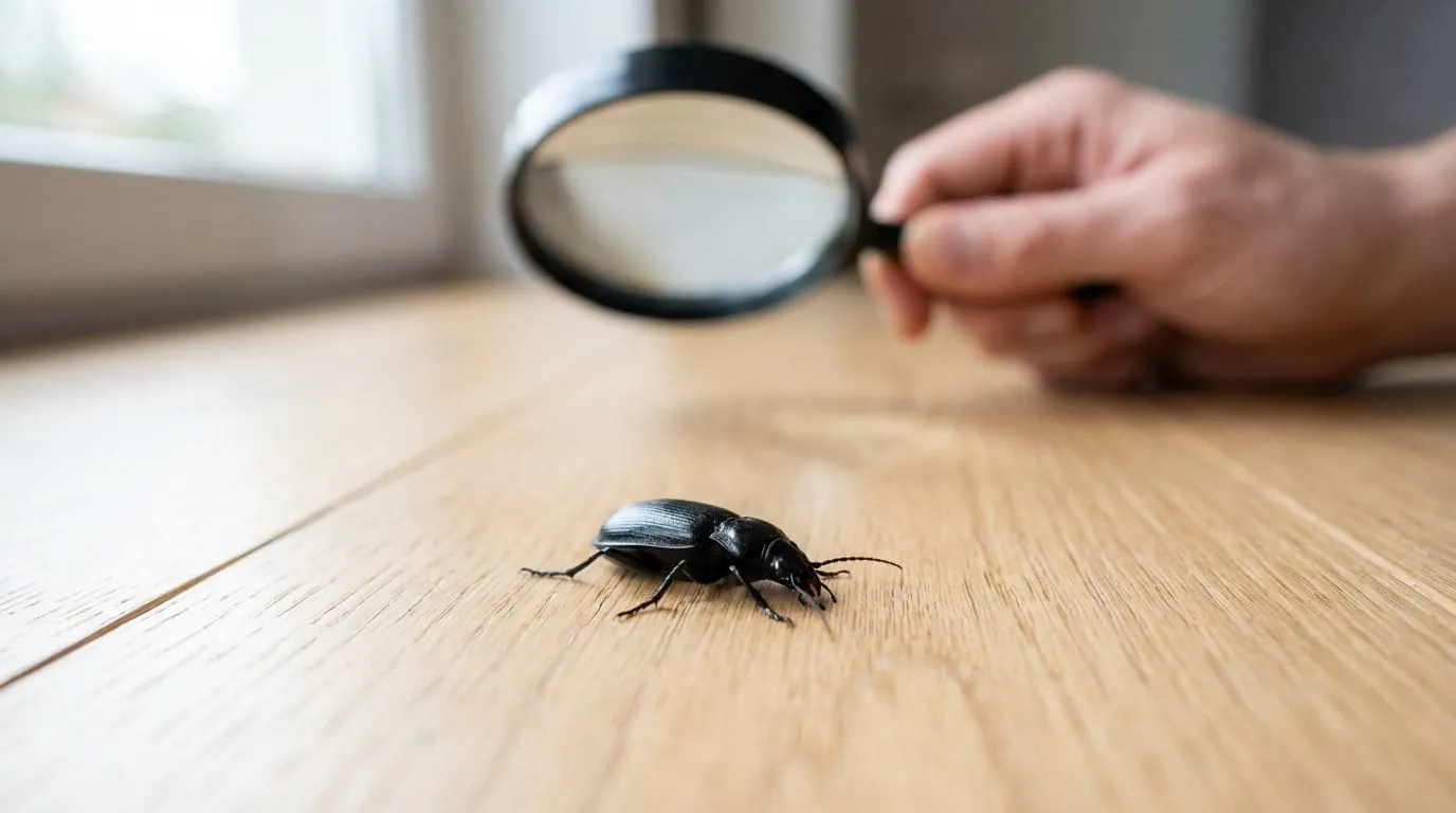 Une main tient une loupe au-dessus d'un petit insecte noir sur un plancher en bois près d'une fenêtre.