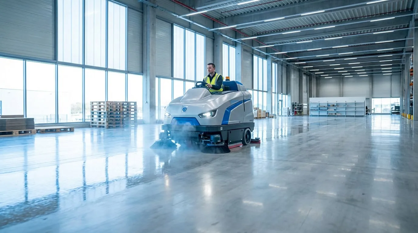 Un homme en gilet jaune conduit une autolaveuse autoportée grise et bleue nettoyant un grand entrepôt lumineux.