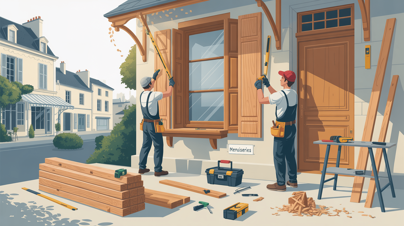 Artisans installant des volets en bois sur maison.