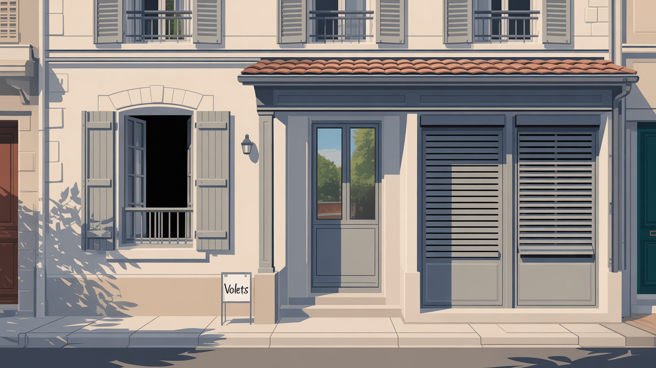 Façade claire avec volets gris ouverts et fermés
