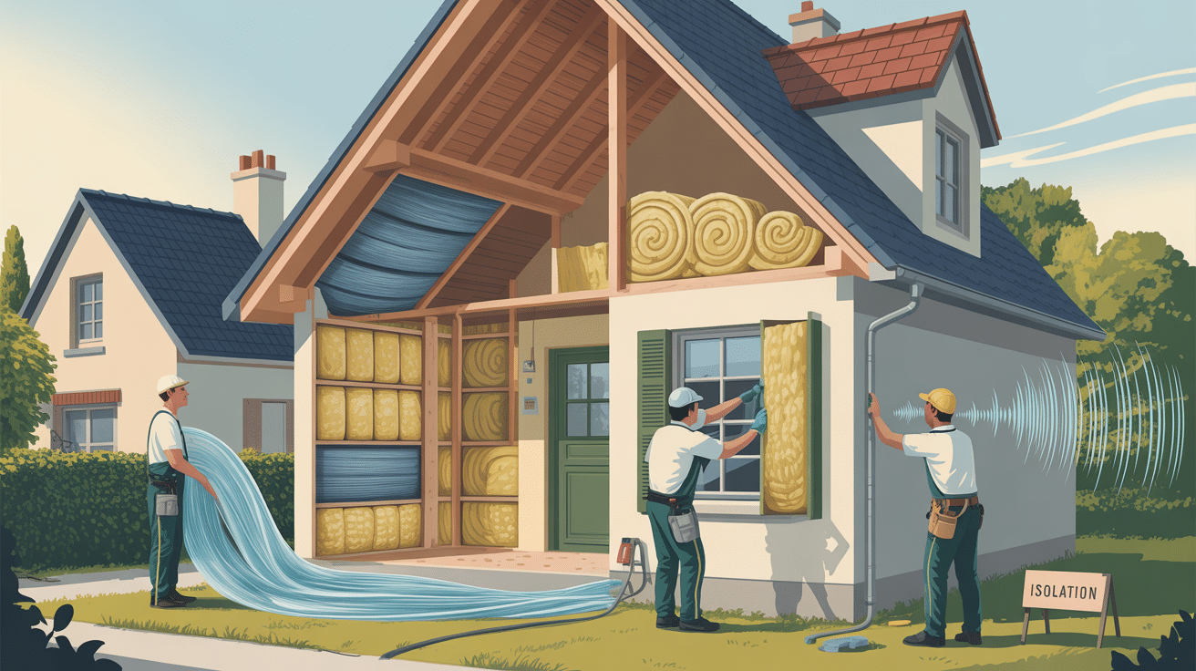 Travailleurs installant isolation thermique dans une maison