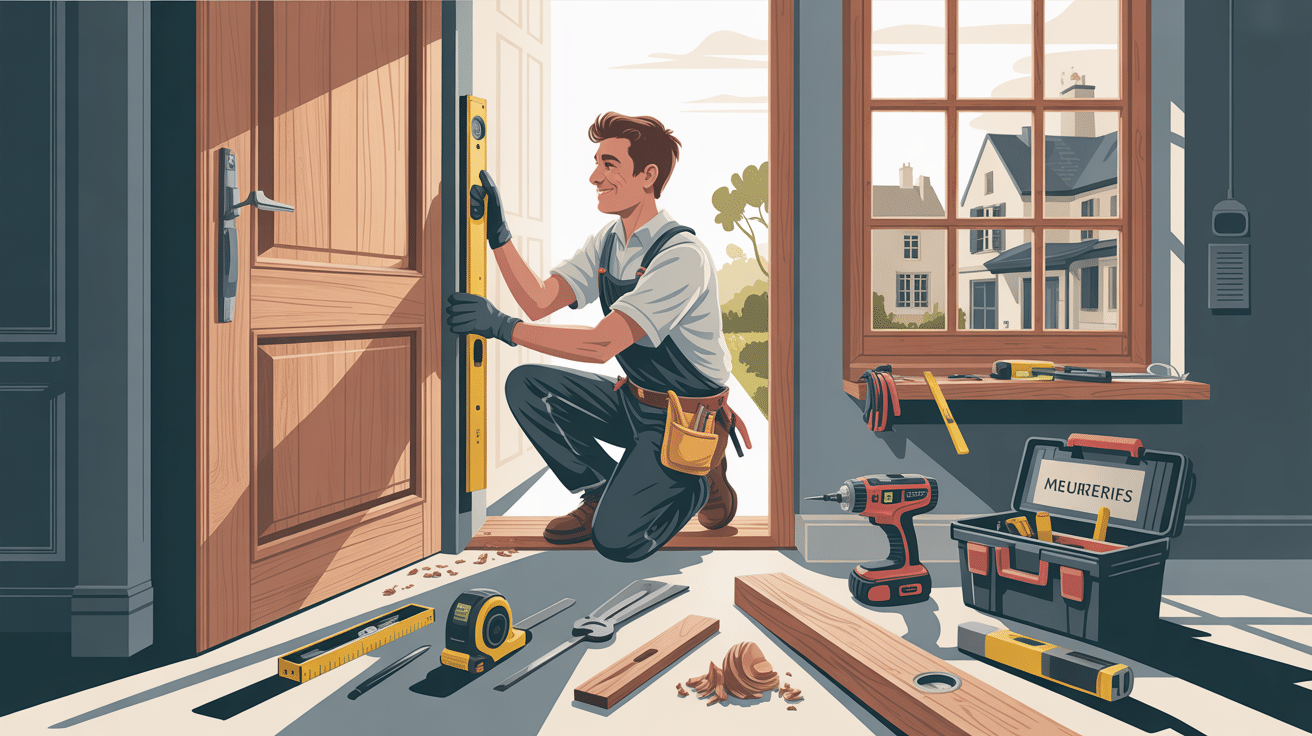 Menuisier installant une porte avec outils de travail