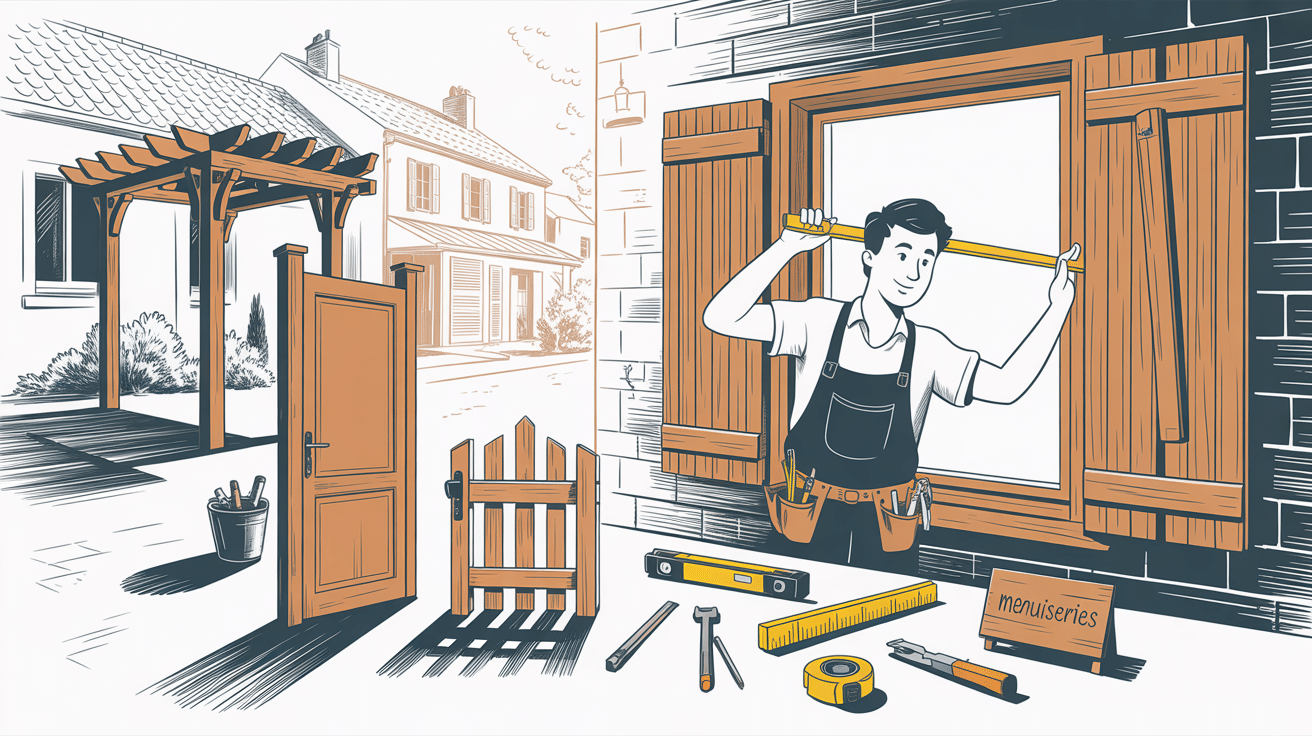 Menuisier mesurant une fenêtre en bois.