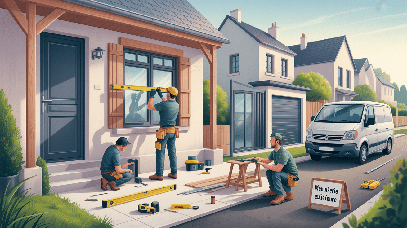 Artisans installant une fenêtre devant une maison moderne