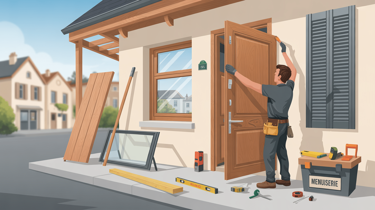 Menuisier installant une porte en bois extérieure