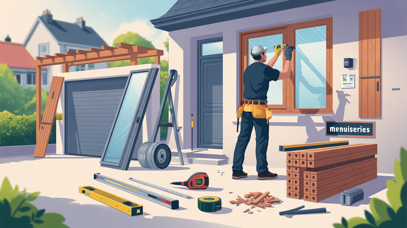 Artisan posant une fenêtre en bois sur maison.