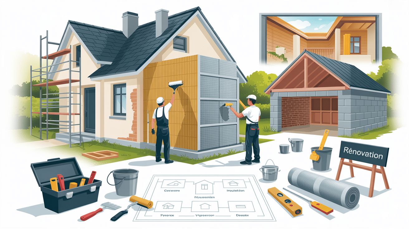 Travailleurs rénovant une maison avec outils et matériaux.