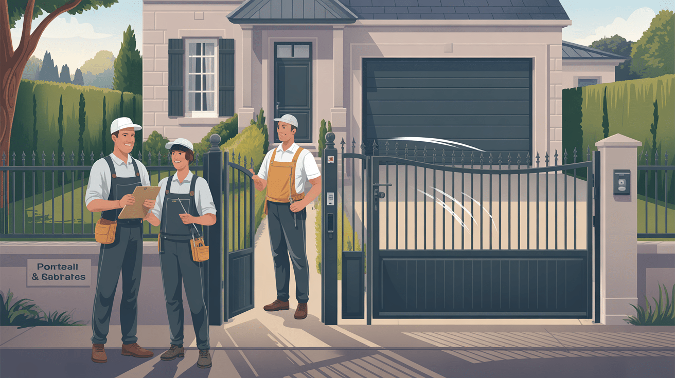 Techniciens installant un portail métallique devant maison