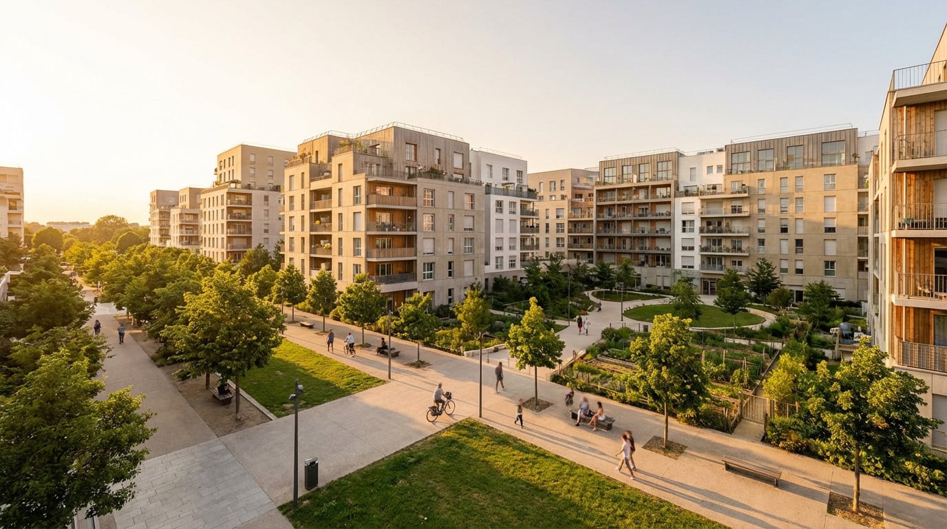 Wide-angle golden hour view of modern residential buildings, green spaces, and pathways in Aulnay-sous-Bois, France, with people.