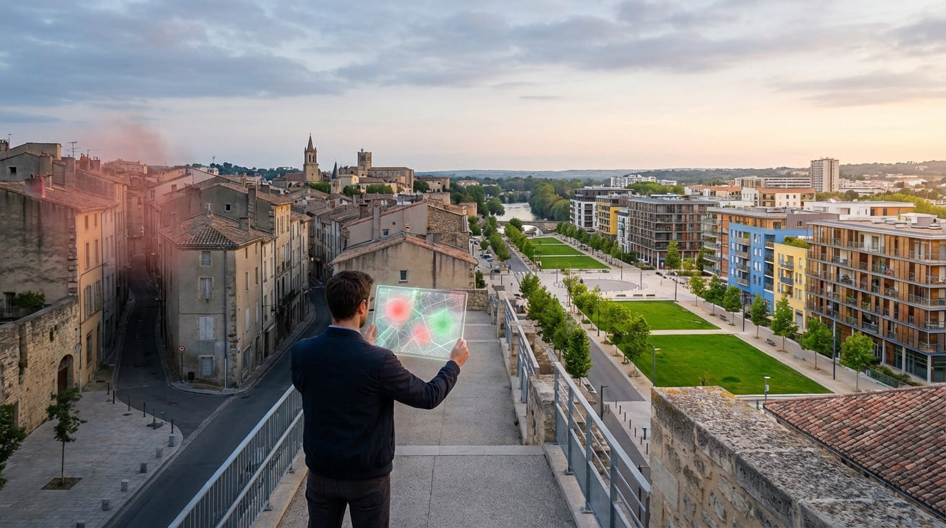 Man viewing a transparent digital map with red/green zones over Béziers cityscape, contrasting old, muted neighborhoods with modern, vibrant areas.