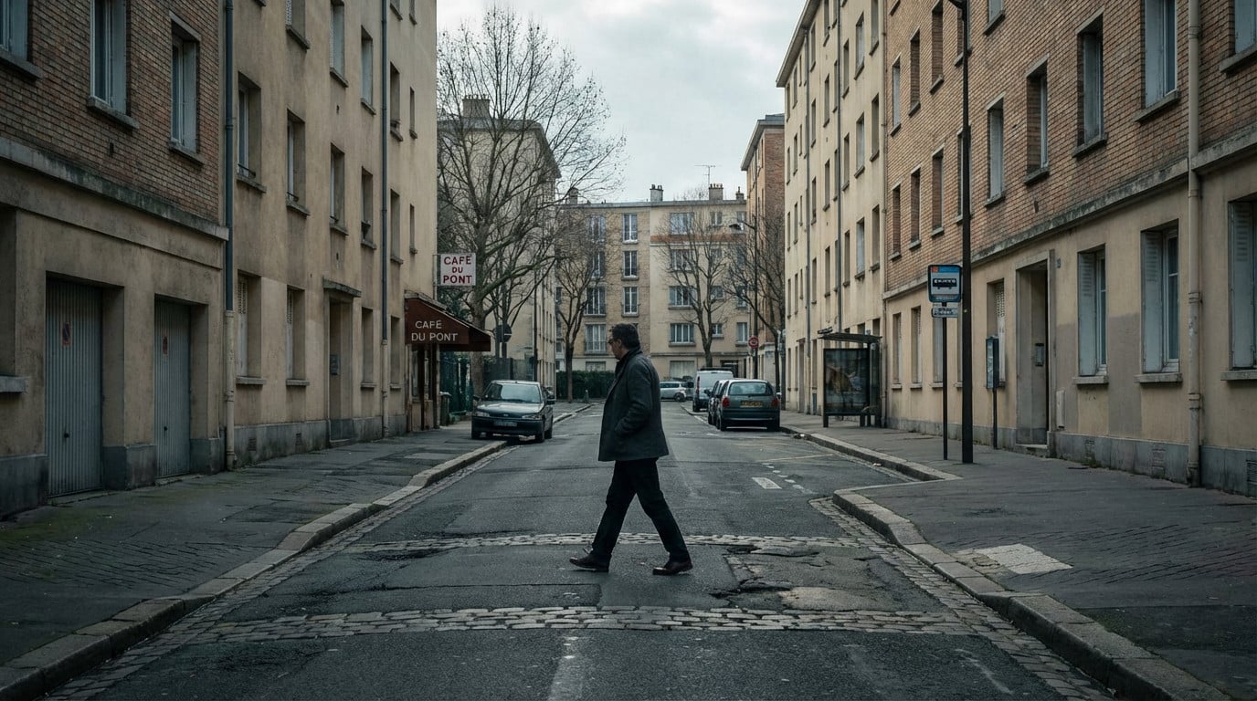 A man walks across a worn street lined with functional buildings in a subdued urban area of Boulogne-Billancourt under clear daylight.