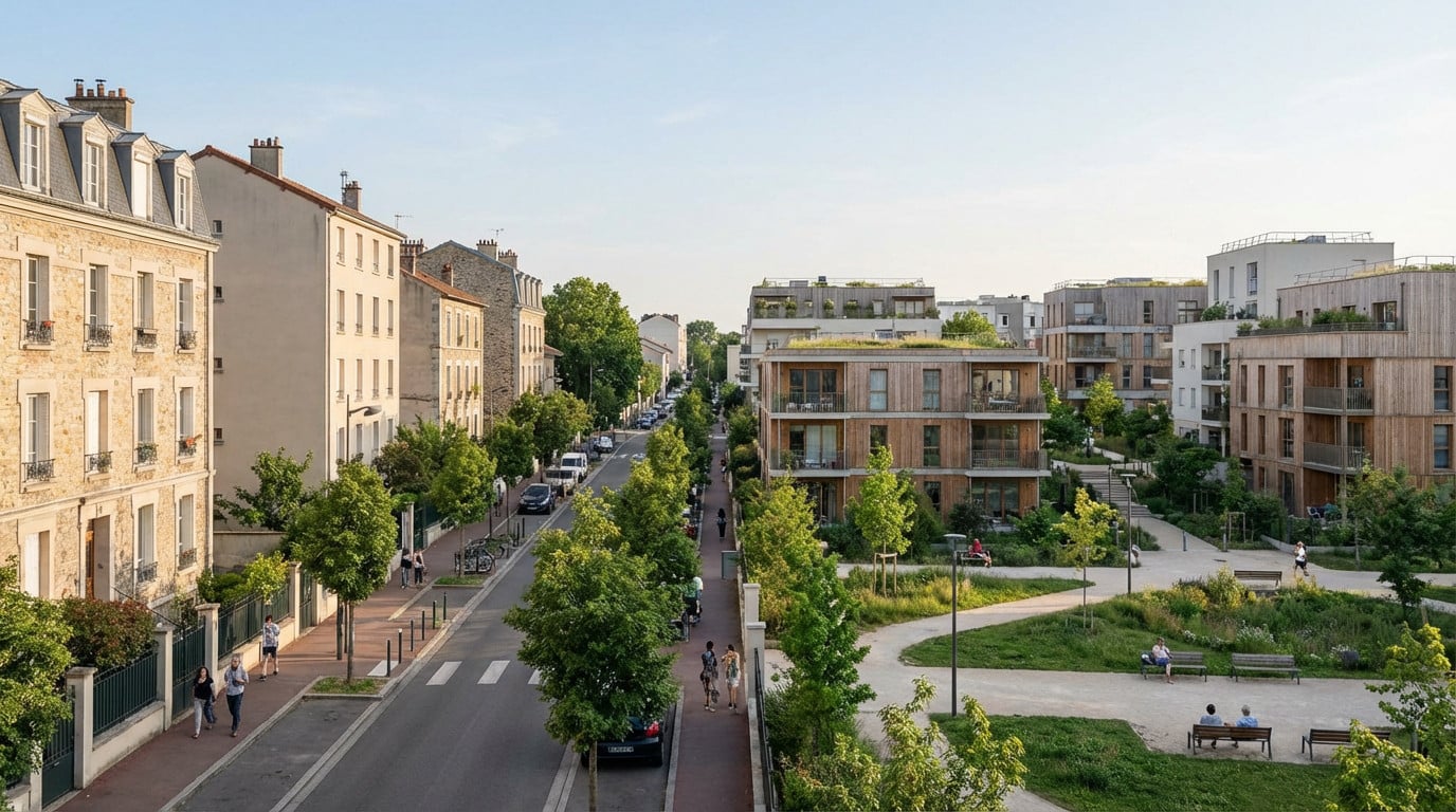 Wide-angle view of Champigny-sur-Marne, France. Left: traditional residential street. Right: modern housing with green spaces.