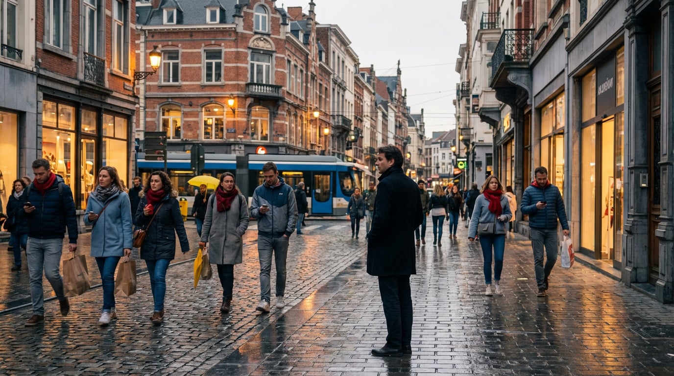 Bustling Brussels street at dusk. Pedestrians walk on wet cobblestones reflecting warm lights from shops and streetlamps. A tram passes by.