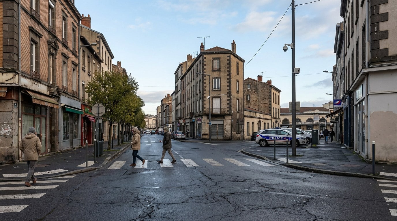Street scene in Clermont-Ferrand showing worn buildings, pedestrians, a police car, and a surveillance camera at an intersection.