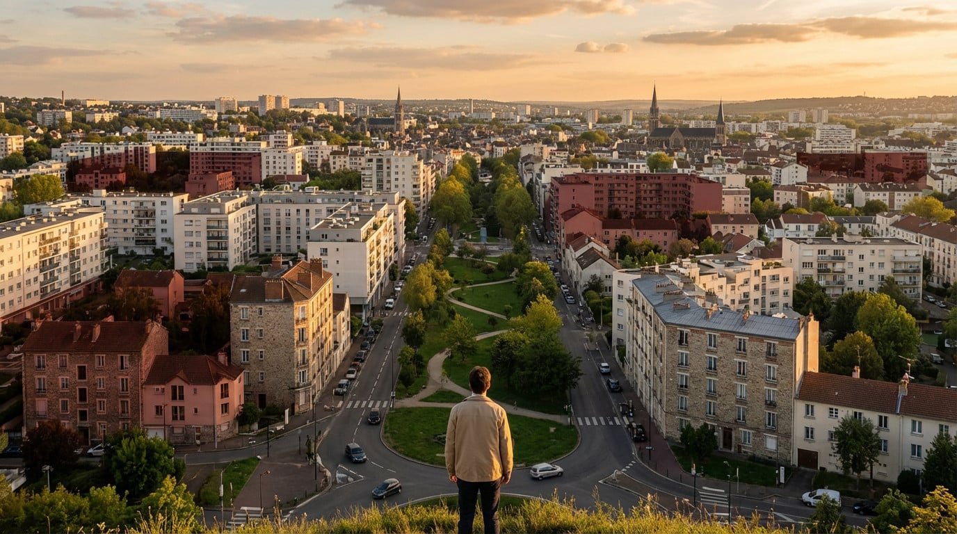 Elevated view of a French city at sunset. A person overlooks distinct urban zones, some subtly tinted red, others brightly lit.