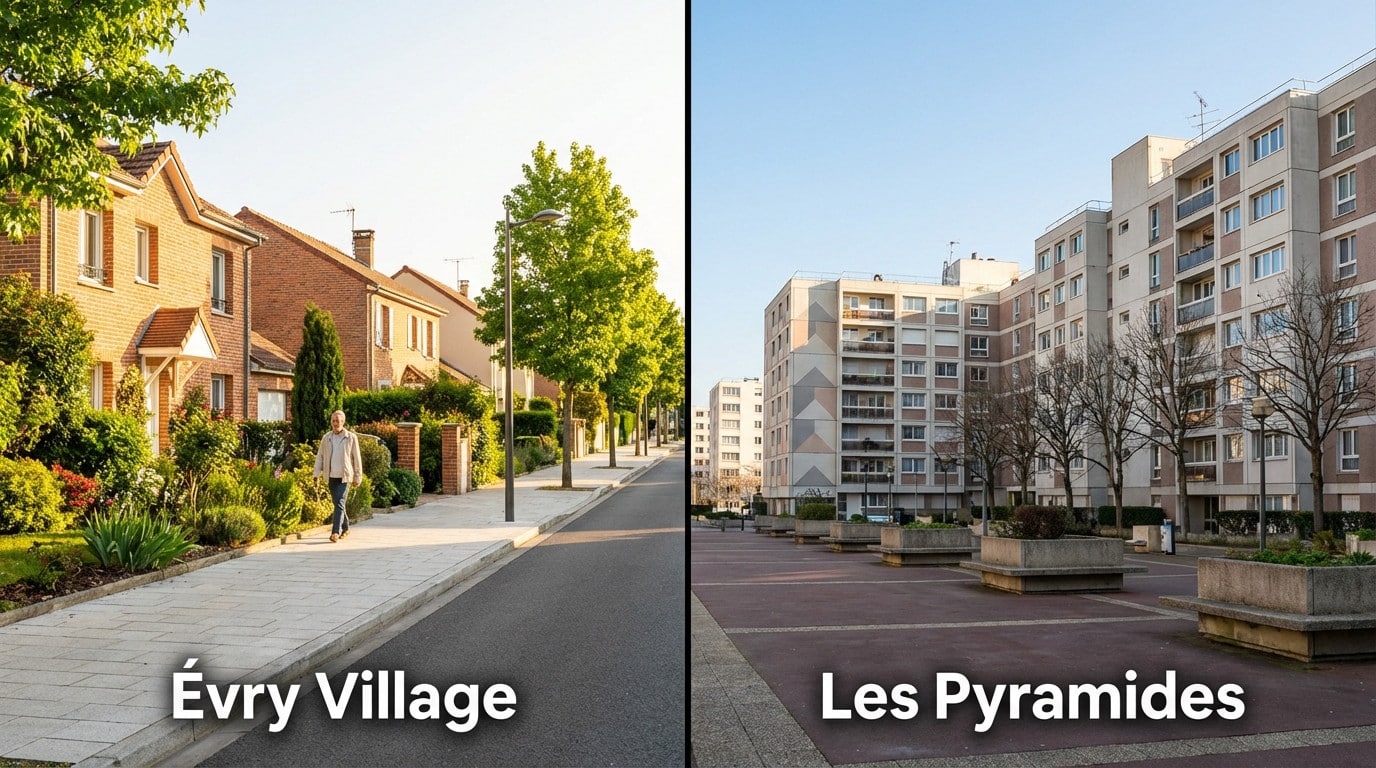 A side-by-side view of Évry-Courcouronnes: tranquil low-rise homes with lush trees on the left, modern high-rise apartments on the right.