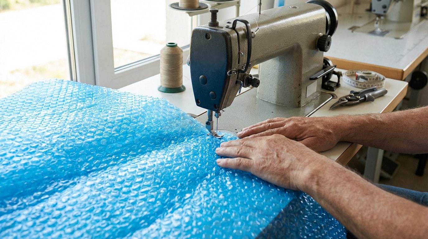 Close-up of hands sewing a translucent blue bubble pool cover on a heavy-duty industrial sewing machine in a well-lit workshop.