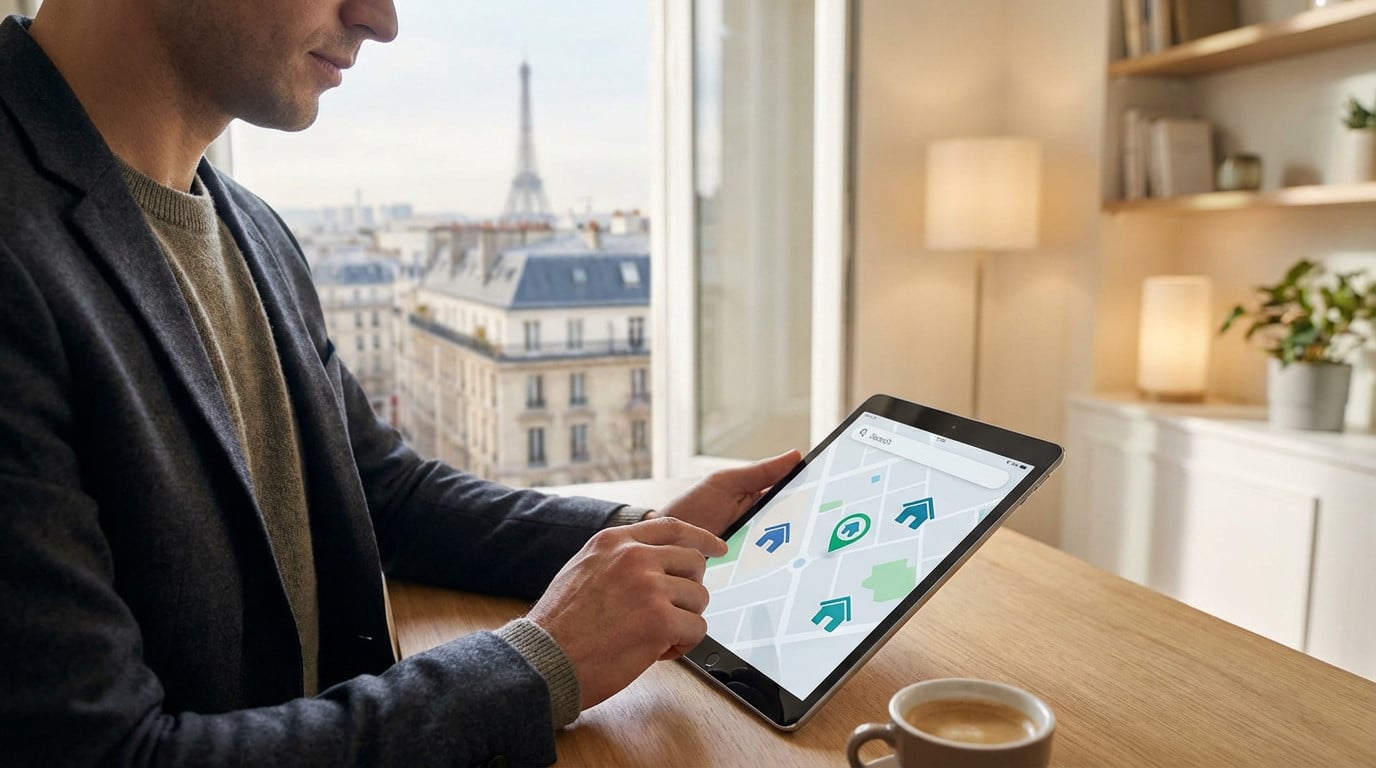 Man uses tablet with housing map, Eiffel Tower and Parisian buildings in background, bathed in natural light. Coffee cup on table.