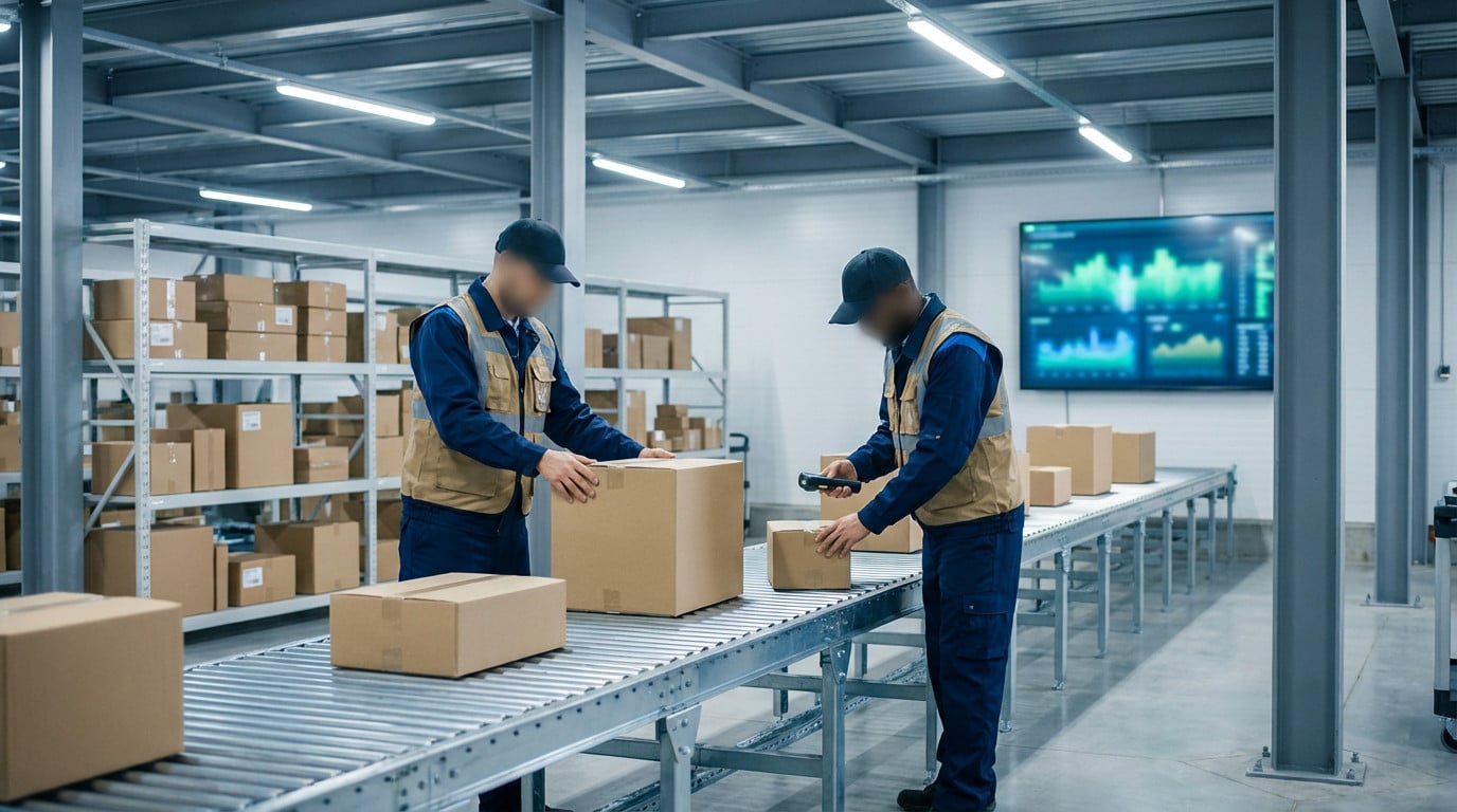 Two workers in a modern logistics hub sort parcels on a conveyor belt. Shelves of boxes and a digital display are in the background.