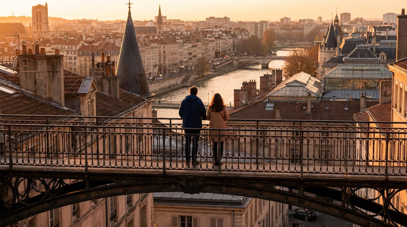 Two people on an urban bridge at sunset, gazing thoughtfully over a European city skyline with terracotta roofs under warm light.
