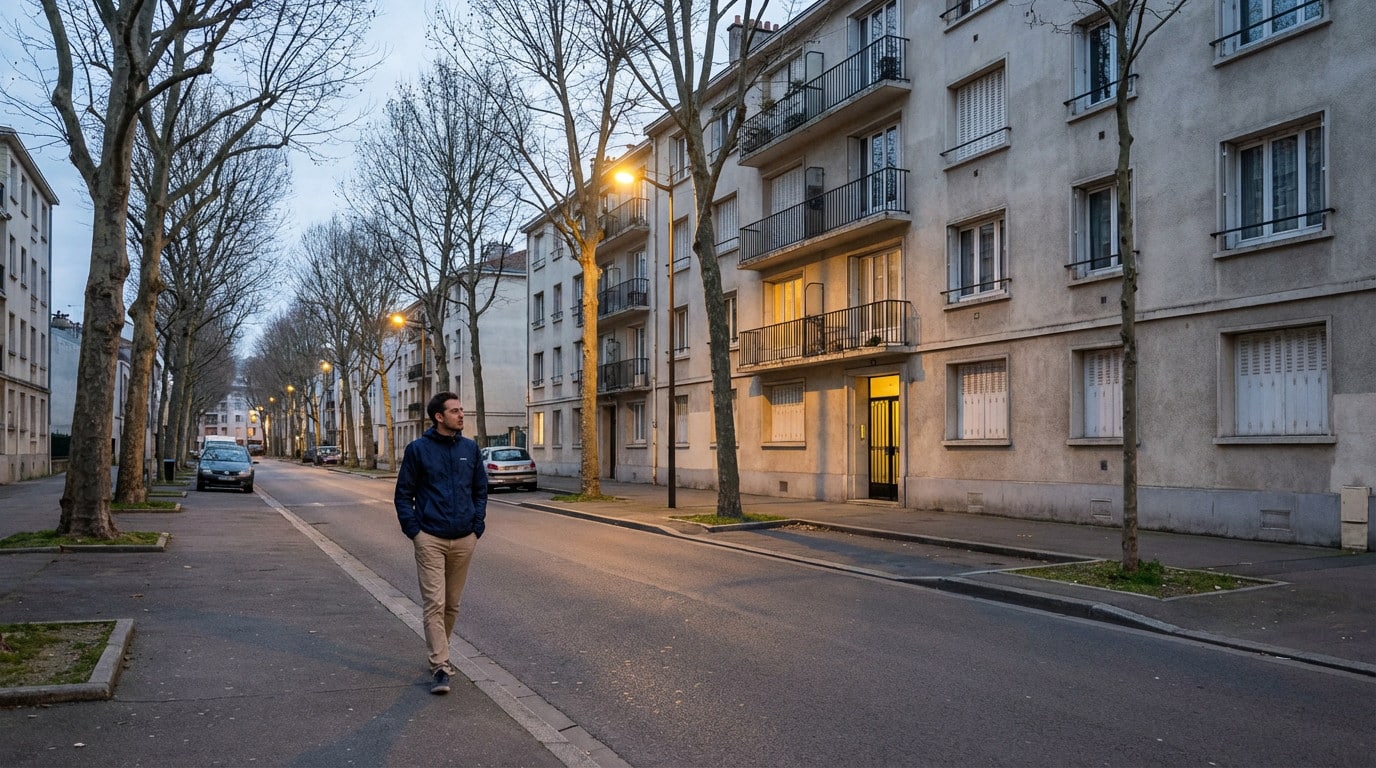 A man in a dark jacket walks along a French urban street lined with bare trees and apartment buildings at dusk, looking thoughtfully.