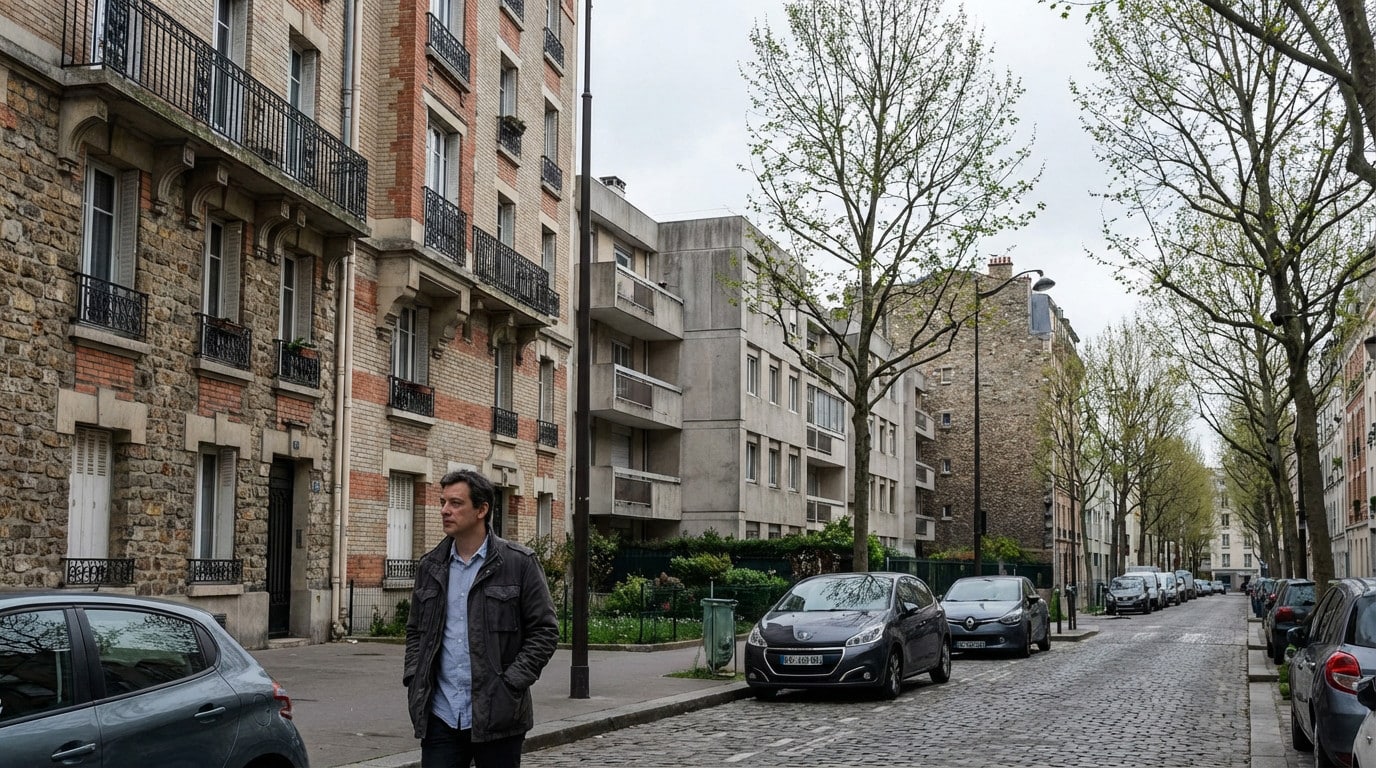 A man walks down a cobblestone street in Issy-les-Moulineaux, flanked by old stone buildings and modern concrete structures under overcast skies.