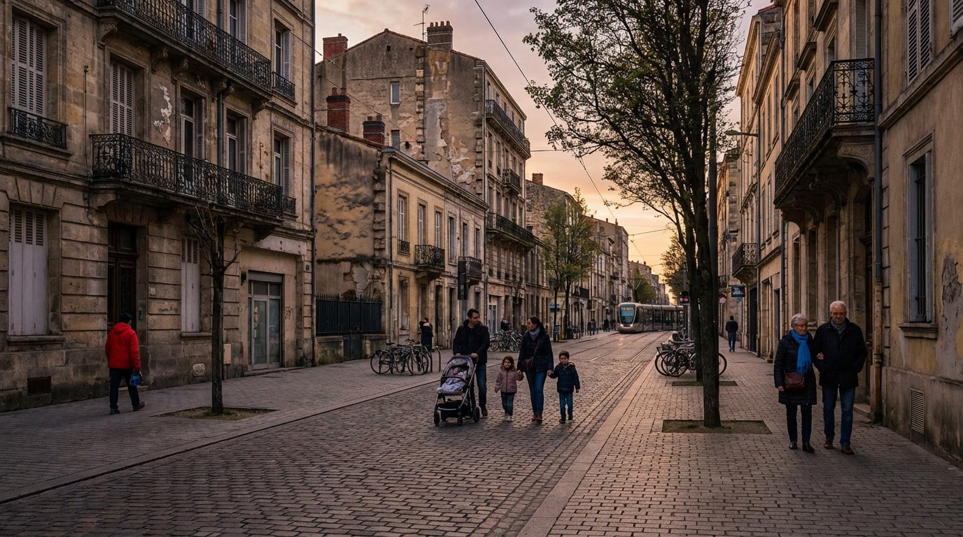 A photorealistic cinematic shot of a French urban street at late afternoon. People walk past old buildings with signs of wear. Soft light casts long shadows.