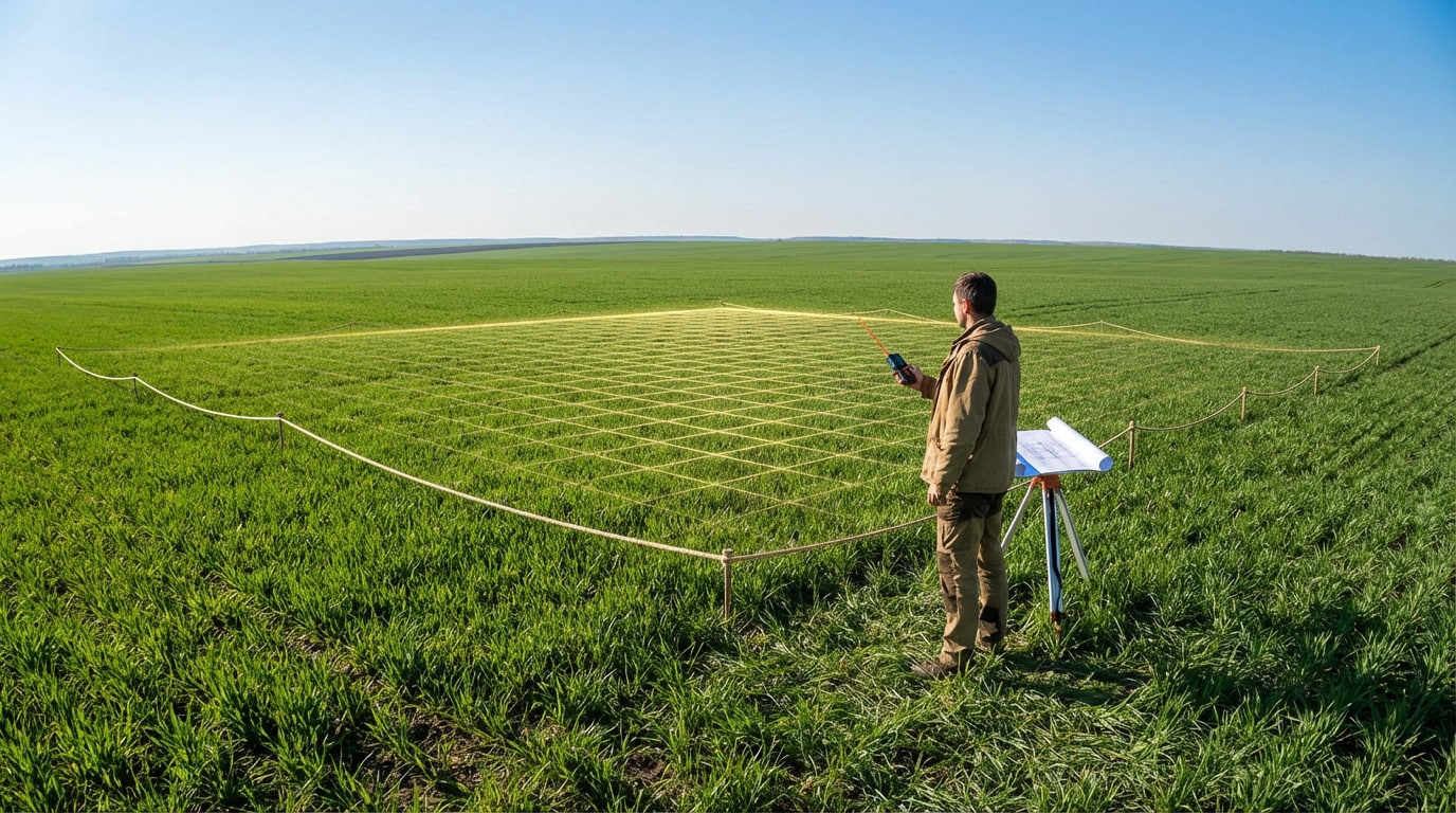 A surveyor stands in a vast green field with a laser grid marking 10,000 sqm, measuring land under a clear blue sky.