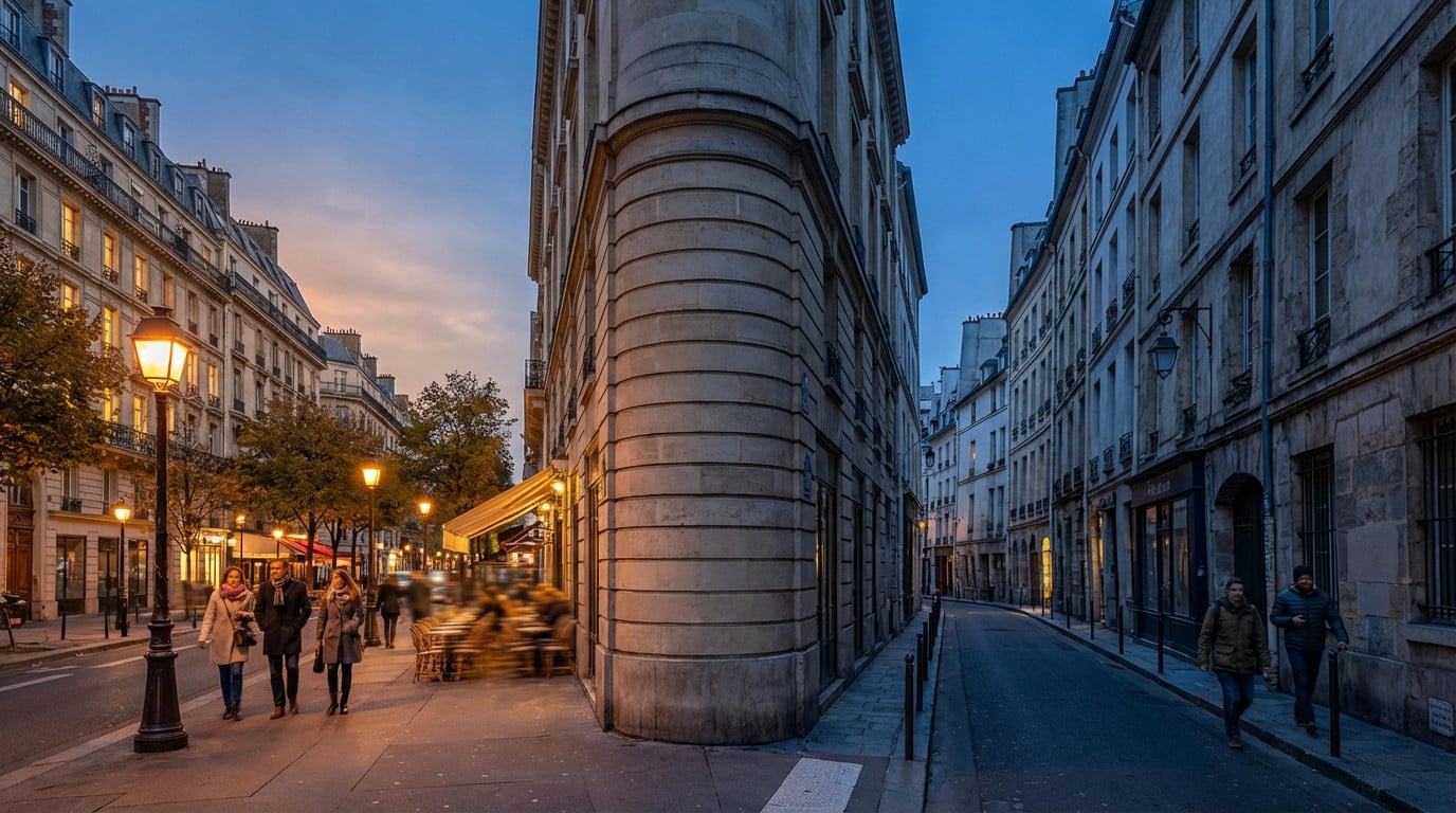 A Parisian street corner at dusk, showing a vibrant, well-lit street with a café on the left, contrasting with a darker, older street on the right. People are walking on both sides.