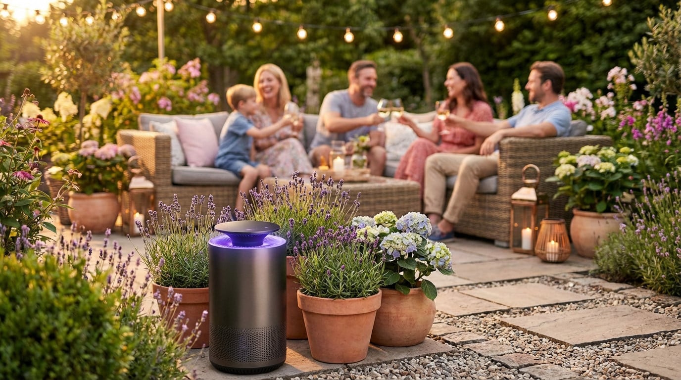 Sleek mosquito trap with subtle purple light on a patio amidst flowers. A family enjoys a golden hour evening, mosquito-free.
