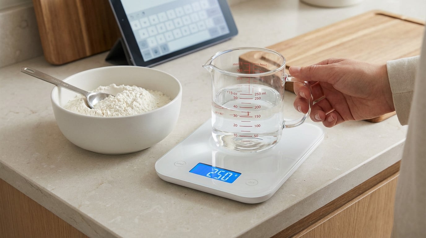A hand holds a glass measuring cup with water on a digital kitchen scale displaying '250'. A bowl of flour and a tablet are nearby.