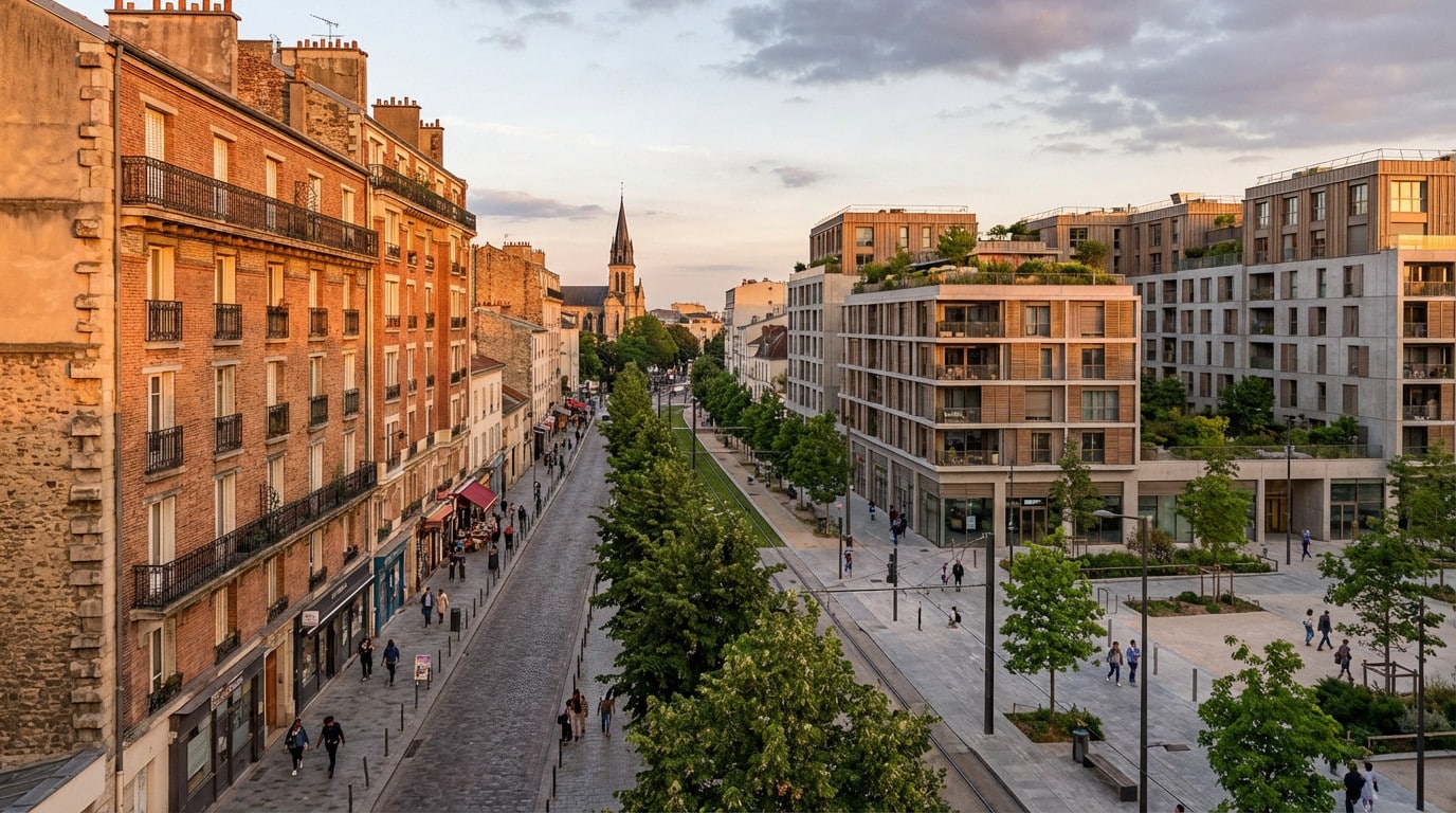Wide-angle view of Saint-Denis, France, at late afternoon. Old brick buildings contrast with modern architecture across a tree-lined street.