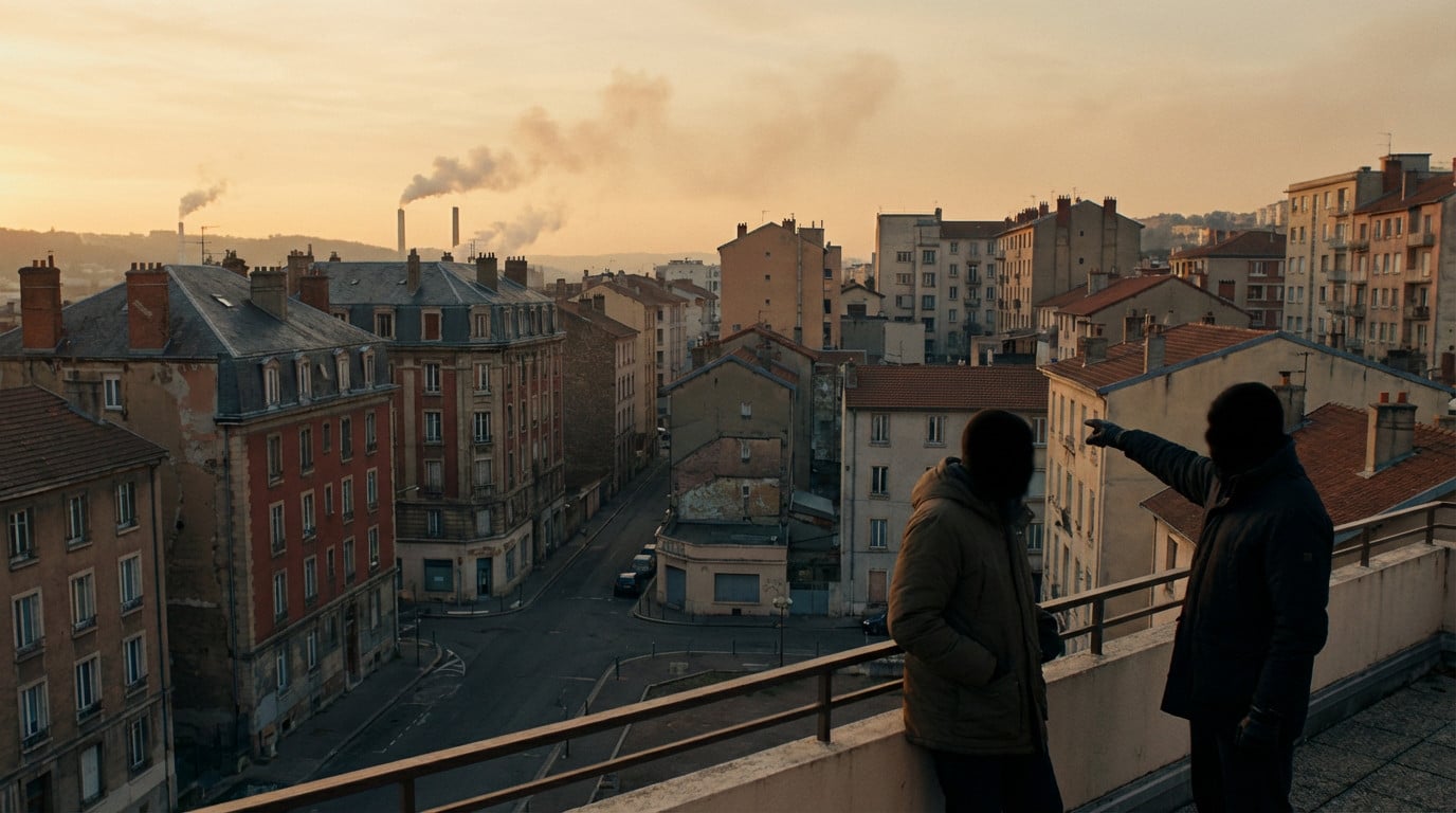 Cinematic wide shot of Saint-Étienne urban area at dusk. Two anonymous figures observe the city from a rooftop, one pointing.