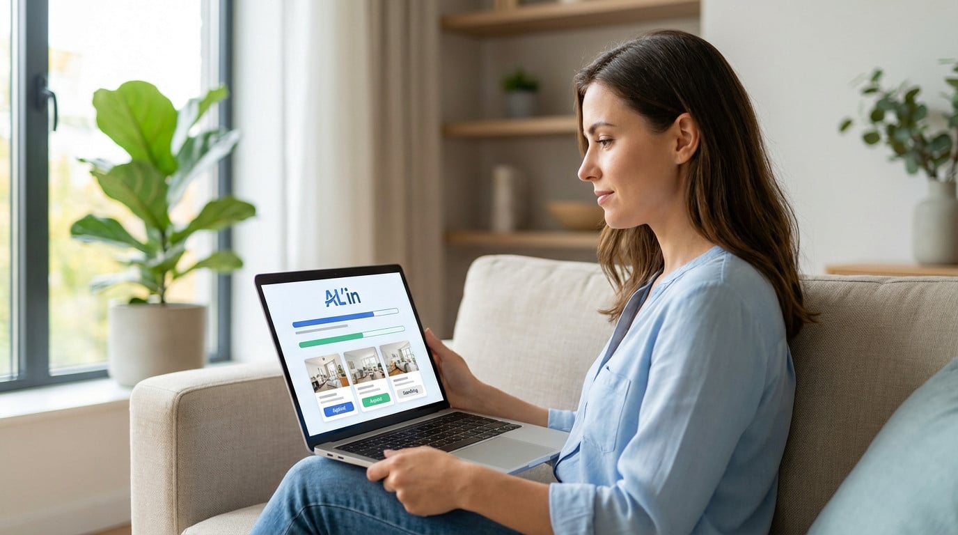 Young woman intently uses laptop displaying 'AL'in' housing platform with progress indicators and property options in a bright home.