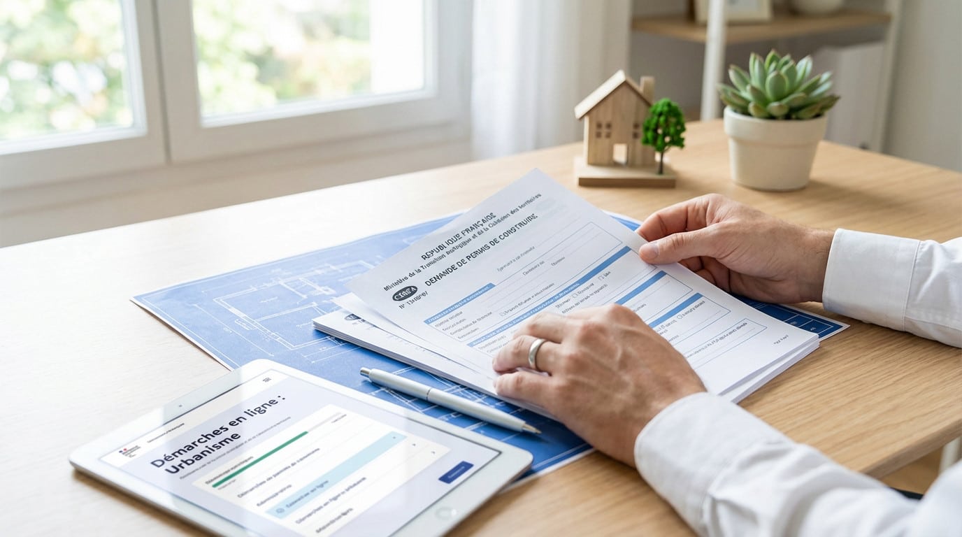 Mains lisant un Permis de Construire et des plans sur un bureau en bois clair, avec tablette "Démarches en ligne" et maquette.