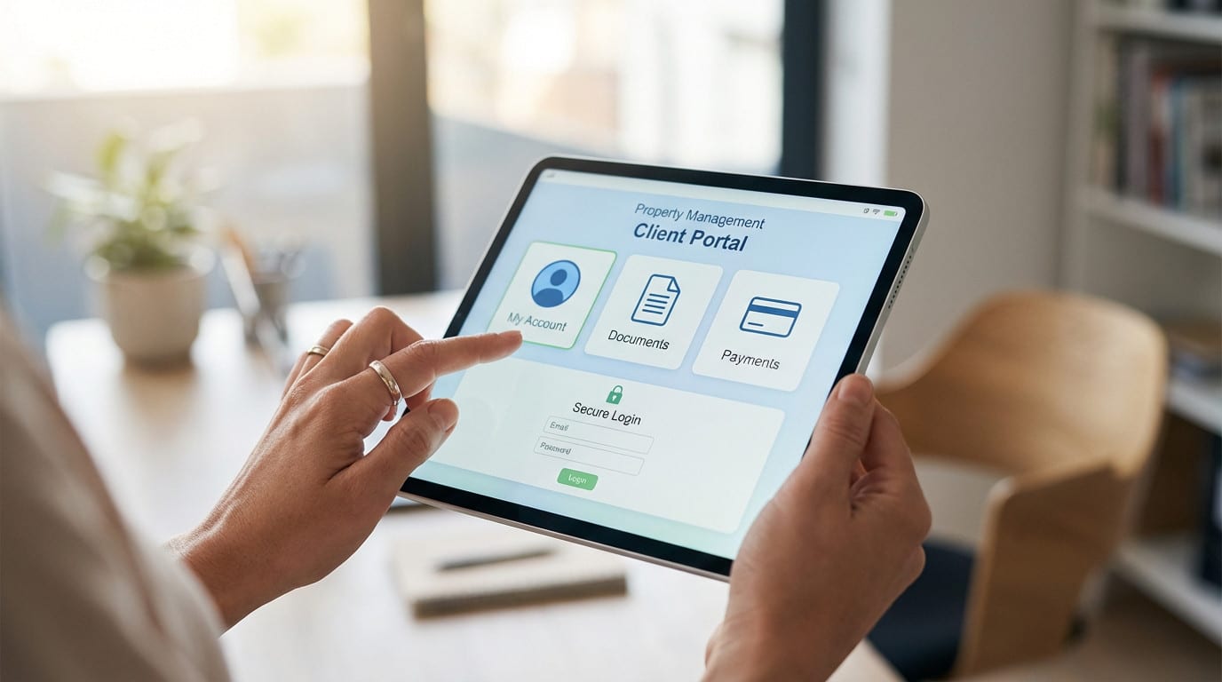 Hands interact with a tablet showing a property management client portal. Icons for account, documents, payments, and secure login are visible.