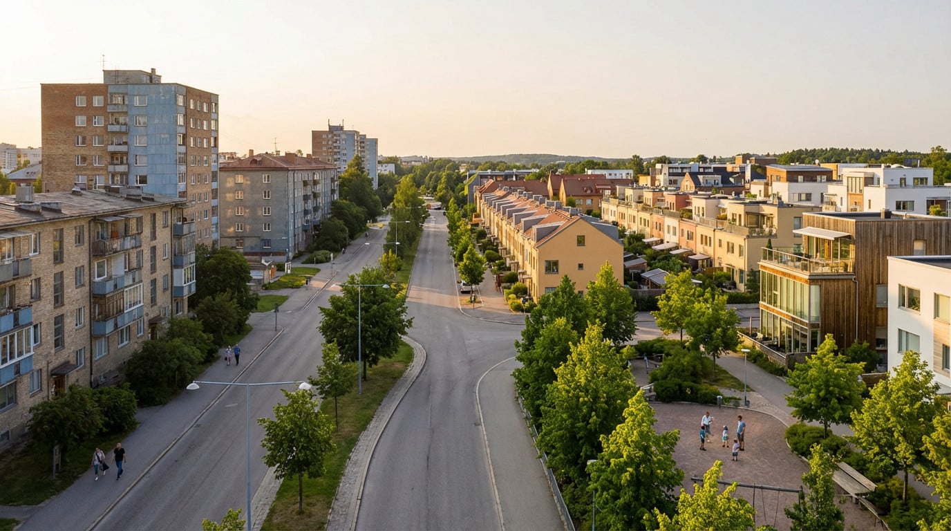 Wide-angle shot of a street dividing older, muted apartment buildings on the left from bright, modern homes and a park on the right.