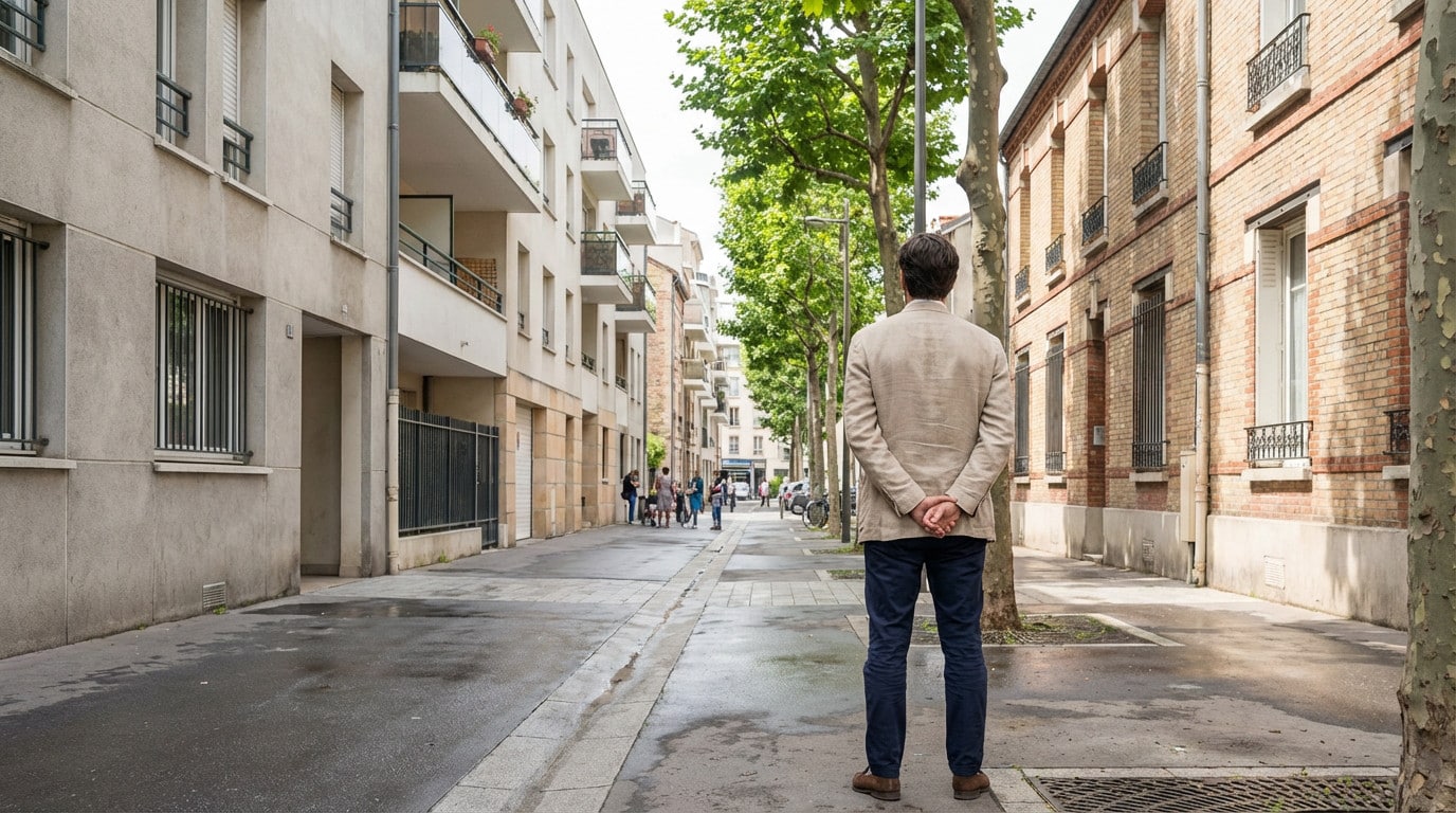 Man in beige jacket observes a diverse urban street in Asnières-sur-Seine, France, with modern and brick buildings, green trees.