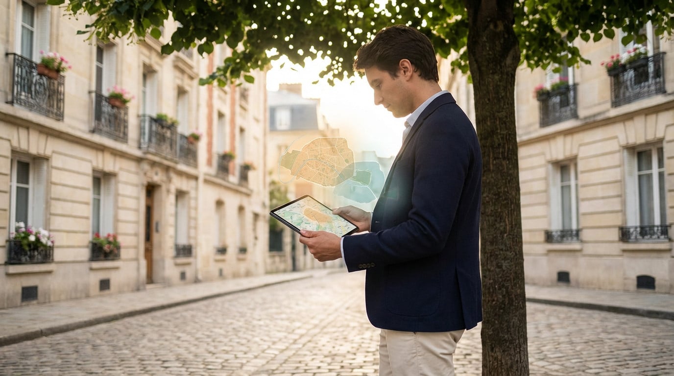 Man on sunlit French street views digital map with holographic overlays, showing color-coded urban zones on a tablet.