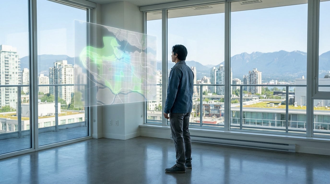 Individual in modern room views translucent holographic urban map, overlooking a city skyline with distant mountains, suggesting careful planning.