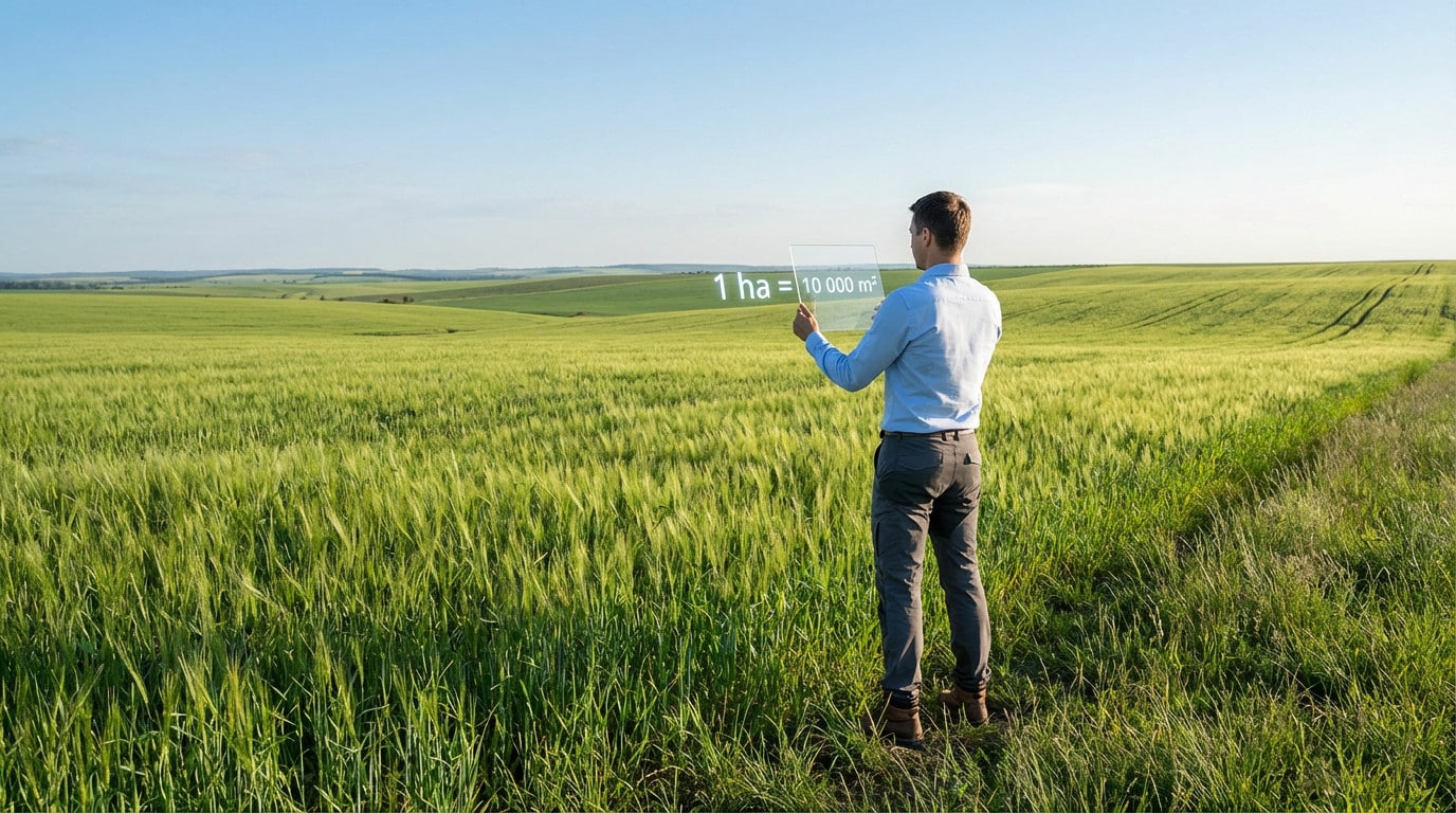 Man in a vast green field holding a transparent display showing '1 ha = 10 000 m²', illustrating land area conversion.