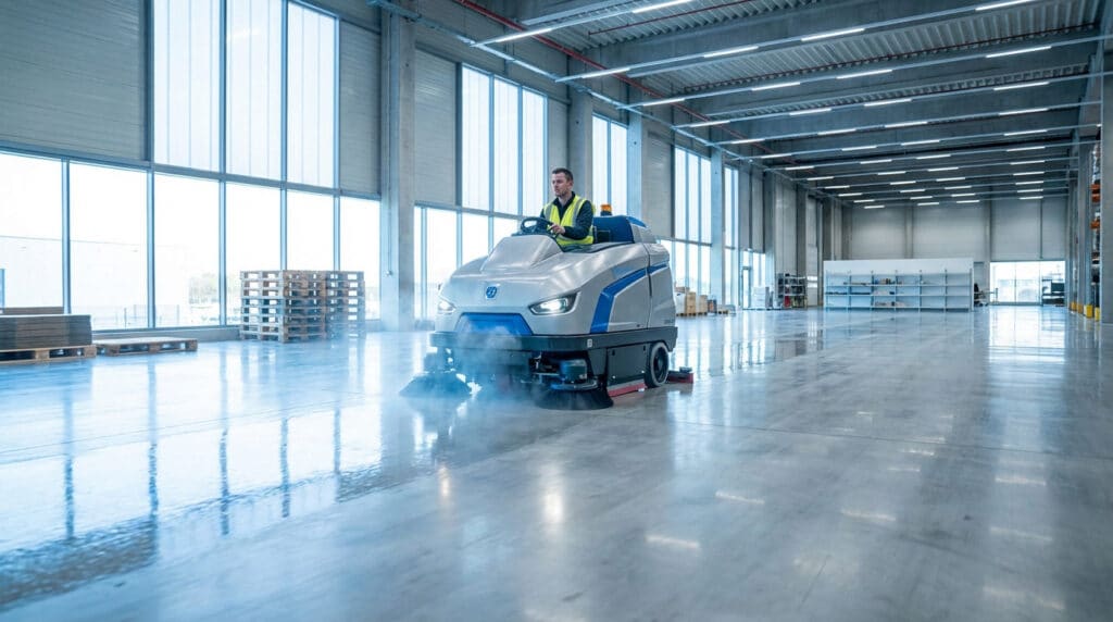 Un homme en gilet jaune conduit une autolaveuse autoportée grise et bleue nettoyant un grand entrepôt lumineux.