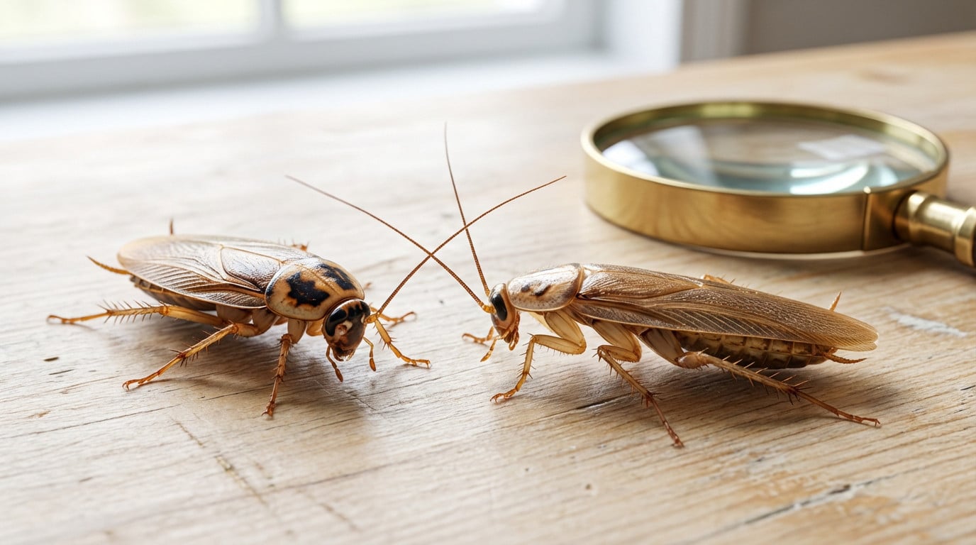 Image de deux cafards bruns avec de longues antennes, se faisant face sur une table en bois clair. Une loupe est visible en arrière-plan.