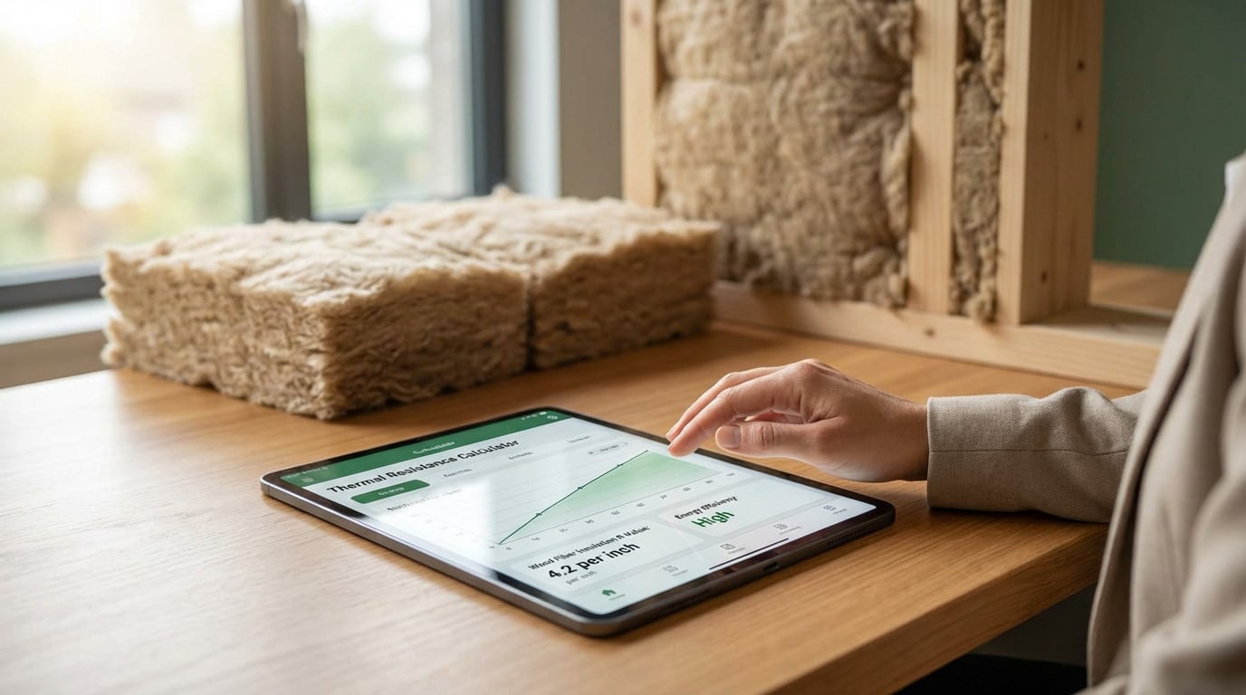 Main utilisant une tablette pour calculer la résistance thermique de l'isolant en fibre de bois, avec des échantillons visibles.