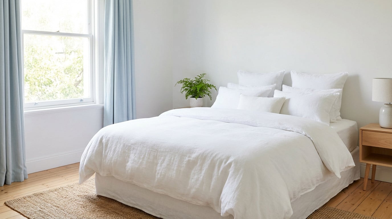 Chambre à coucher épurée et lumineuse avec lit blanc, rideaux bleus, tapis en jute, plante verte et fenêtre.