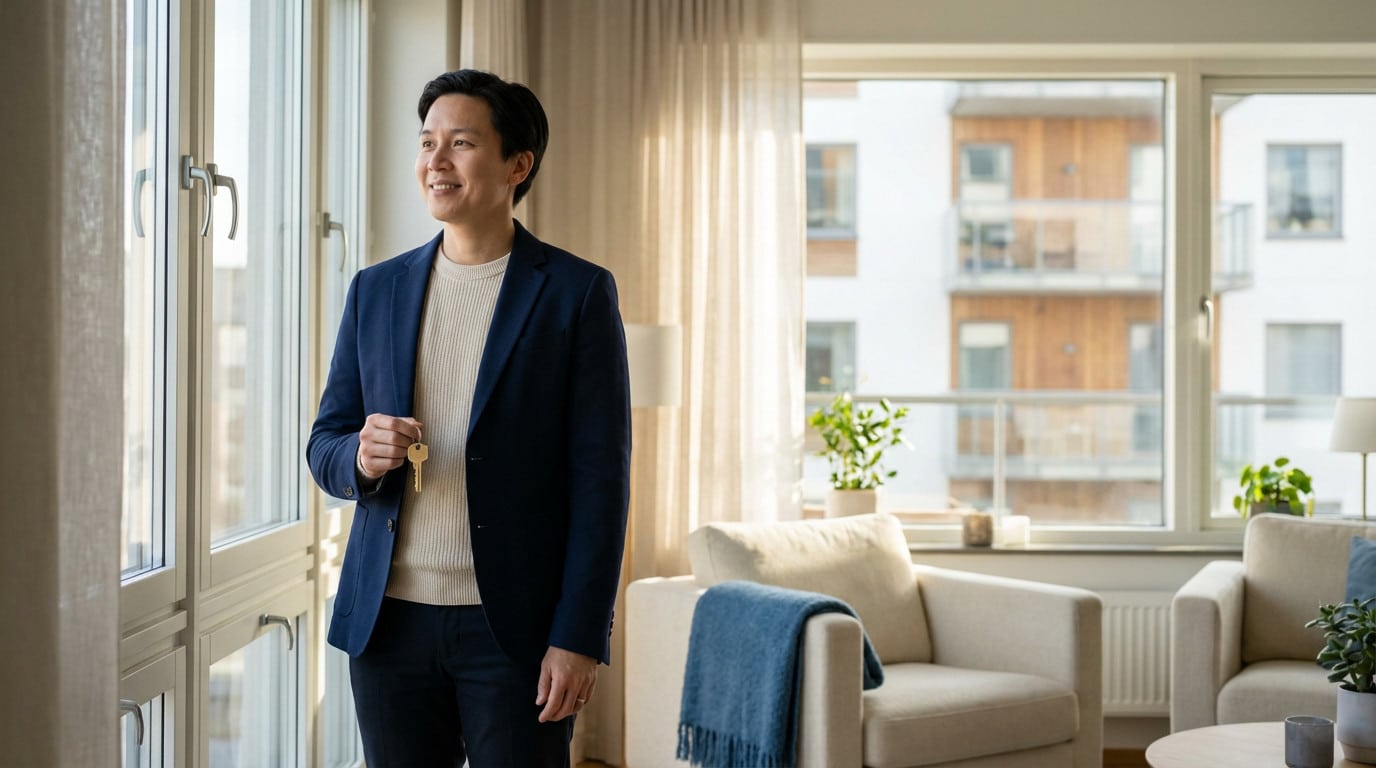 Homme asiatique souriant, clé en main, debout devant une fenêtre dans un appartement moderne et ensoleillé. Symbole de nouveau logement.