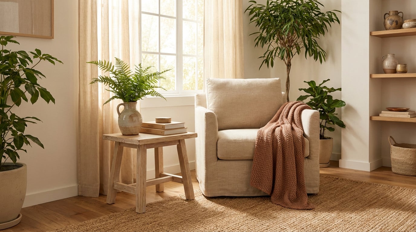 Fauteuil beige avec plaid terracotta, table d'appoint, plantes vertes et étagères murales dans un salon lumineux.