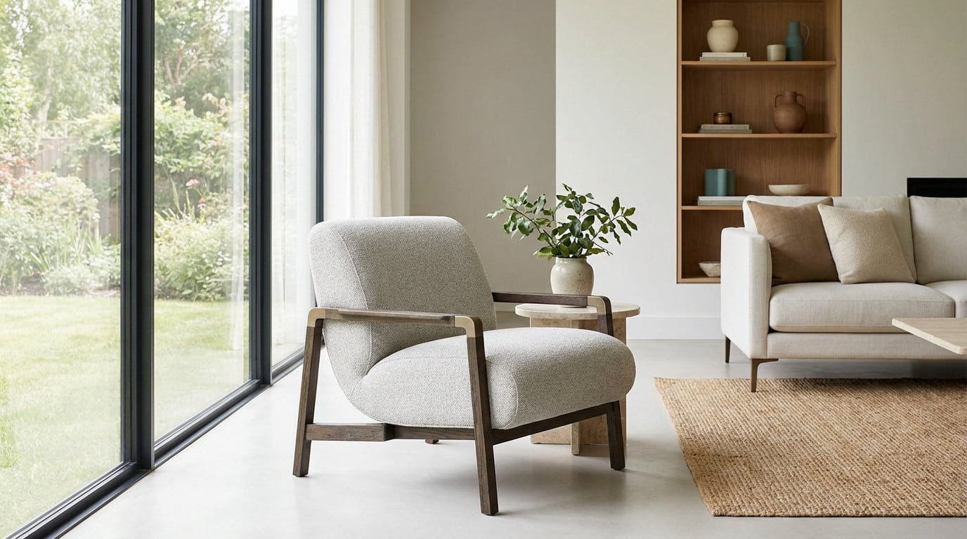 Fauteuil design en tissu clair et bois foncé dans un salon moderne, baigné de lumière naturelle avec vue sur un jardin verdoyant.