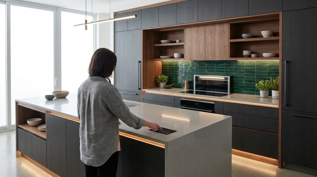 Femme utilise un îlot de cuisine Tyko moderne avec meubles foncés, accents bois et crédence verte. Éclairage intégré, design élégant.