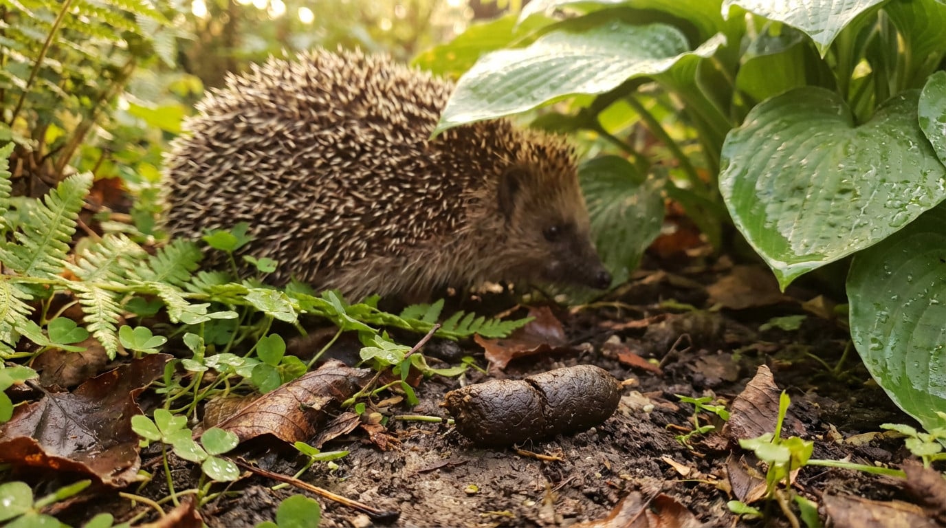 Un hérisson est visible à côté de ses crottes sombres sur la terre humide, entouré de végétation verte luxuriante.